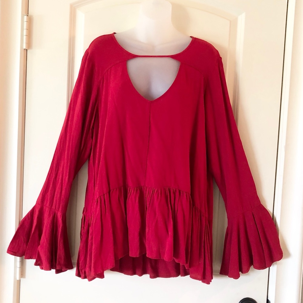 Mossimo Red Low V-Cut Bell Sleeve Ruffle Blouse Top size XL, New